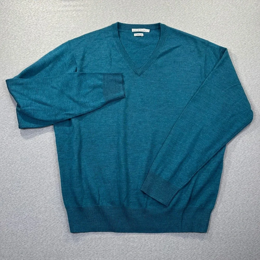 Peter Millar Sweater Mens XL Teal‎ Extra Fine Italian Merino Wool V-Neck MF14S31